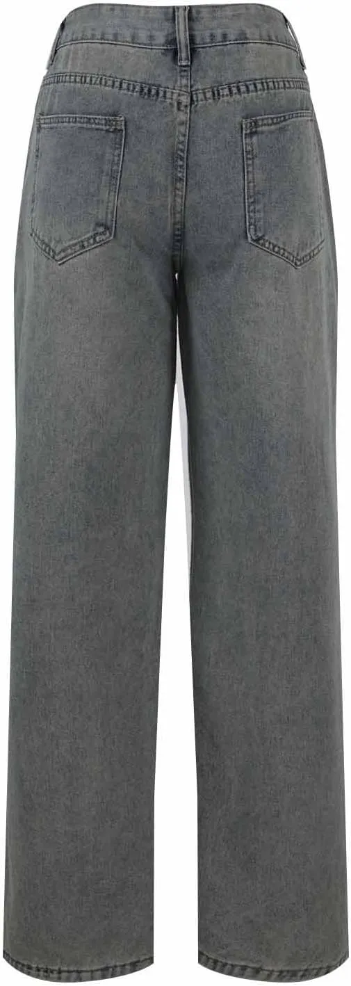 Bidobibo Jeans for Women Trendy Bootcut High Waisted Stretchy Straight Leg Jeans Buttoned Loose Denim Pants Wide Leg Trousers