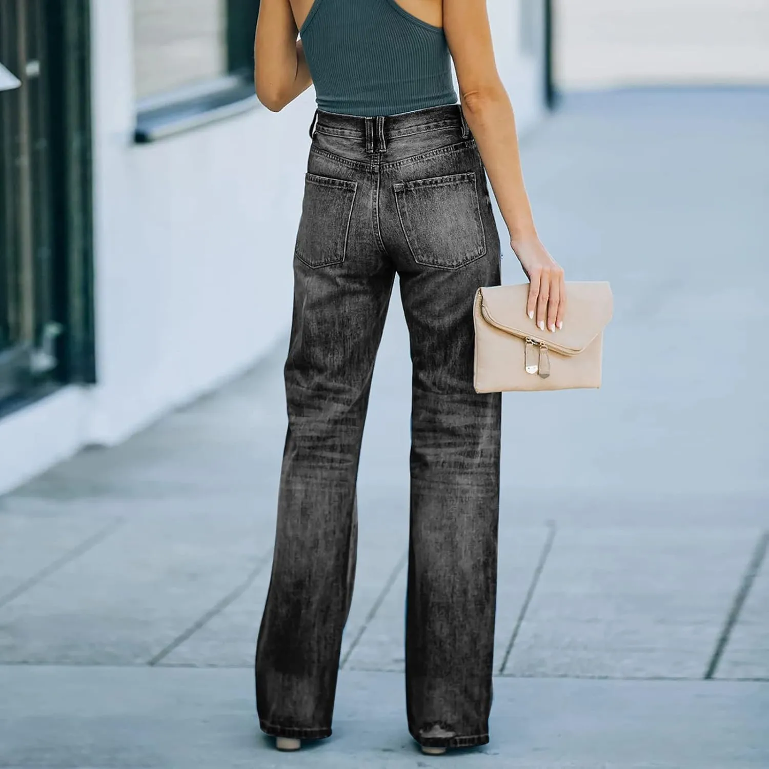 Borniu Women's Casual Loose Ripped Denim Pants High Waisted Baggy Jean Distressed Straight Wide Leg Jeans