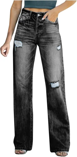 Borniu Women's Casual Loose Ripped Denim Pants High Waisted Baggy Jean Distressed Straight Wide Leg Jeans