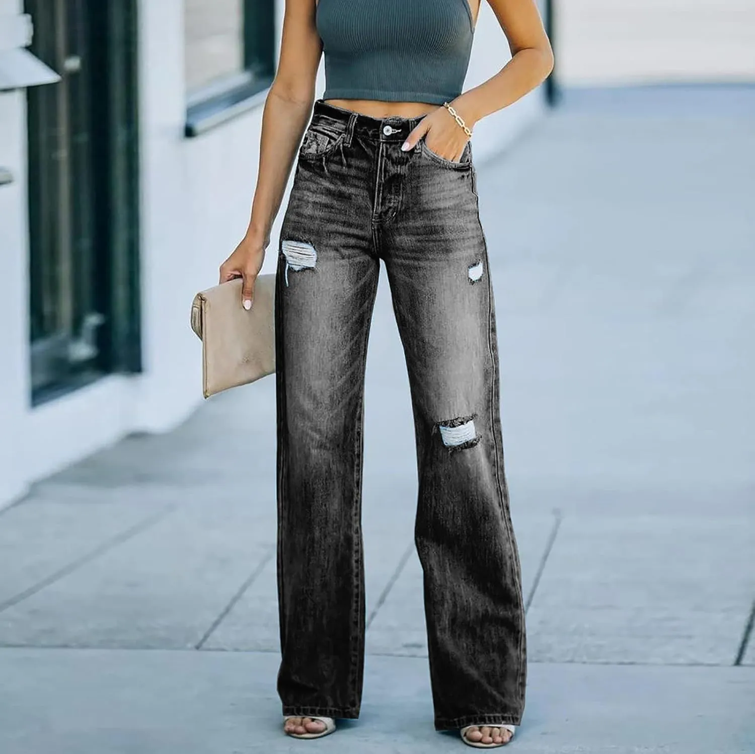 Borniu Women's Casual Loose Ripped Denim Pants High Waisted Baggy Jean Distressed Straight Wide Leg Jeans