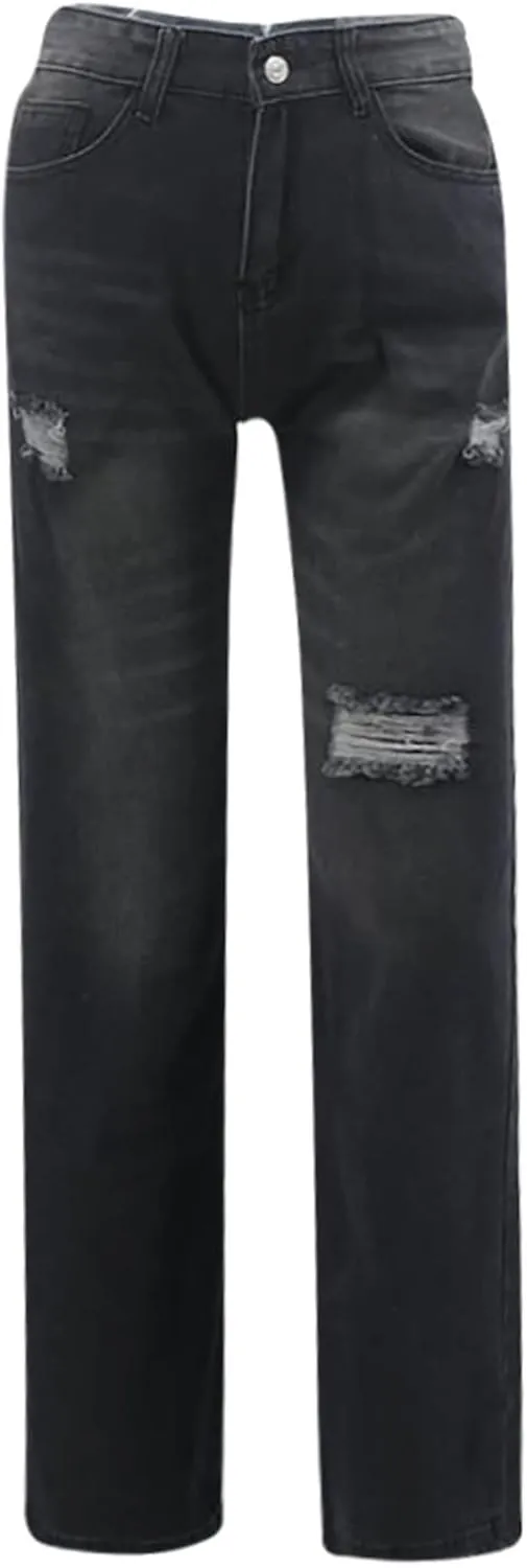 Borniu Women's Casual Loose Ripped Denim Pants High Waisted Baggy Jean Distressed Straight Wide Leg Jeans
