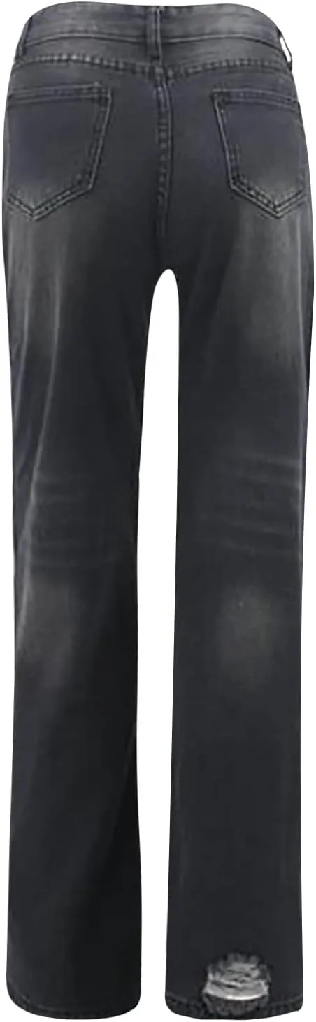 Borniu Women's Casual Loose Ripped Denim Pants High Waisted Baggy Jean Distressed Straight Wide Leg Jeans