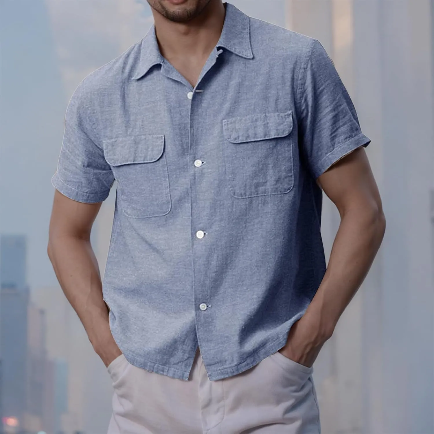 Button Down Shirts for Men Short Sleeve Cotton Linen Casual Comfy Lightweight Solid Tops Summer Beach Tee with Pockets