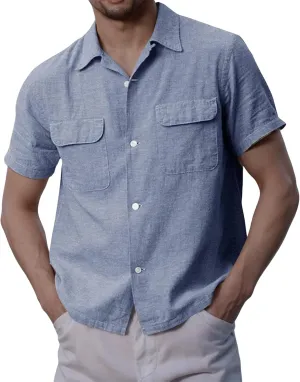 Button Down Shirts for Men Short Sleeve Cotton Linen Casual Comfy Lightweight Solid Tops Summer Beach Tee with Pockets