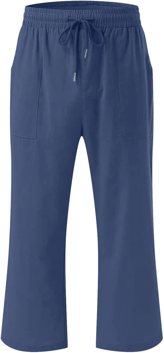 Capris Pants for Women 2024 Summer Casual Stretch Cotton Linen Capri Pant Drawstring Cropped High Waisted Trousers