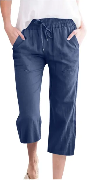 Capris Pants for Women 2024 Summer Casual Stretch Cotton Linen Capri Pant Drawstring Cropped High Waisted Trousers