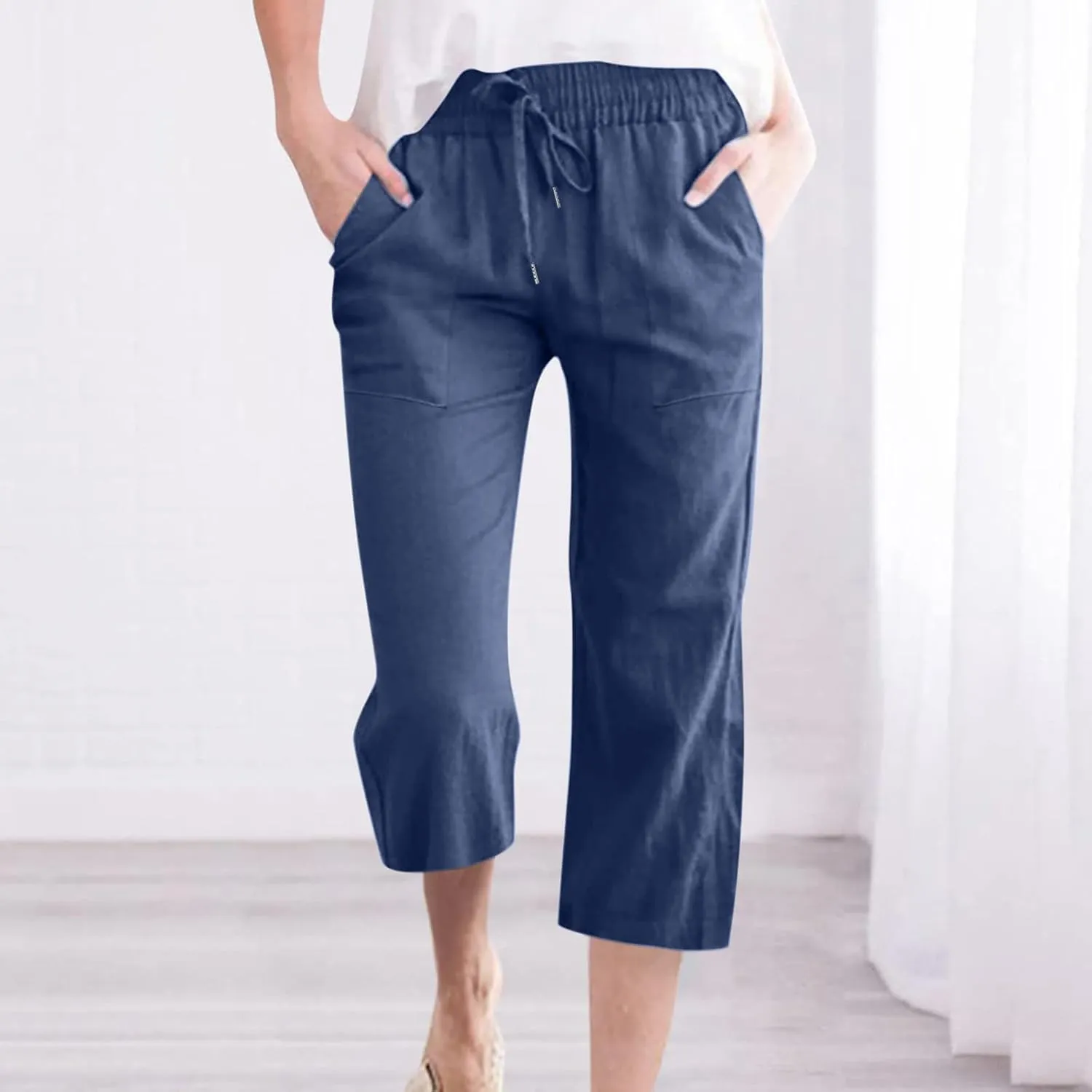 Capris Pants for Women 2024 Summer Casual Stretch Cotton Linen Capri Pant Drawstring Cropped High Waisted Trousers