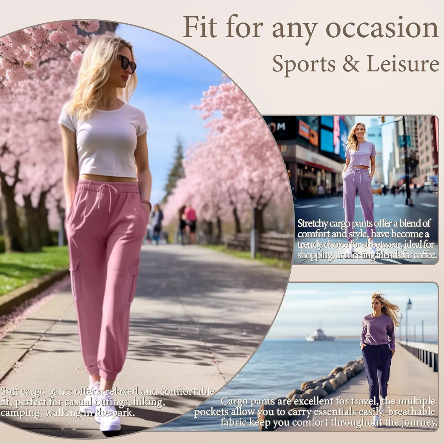 Cargo Pants Women Stretchy Sweatpants Elastic Waist Joggers with Pockets Baggy Hiking Pants Soft Athletic Pants