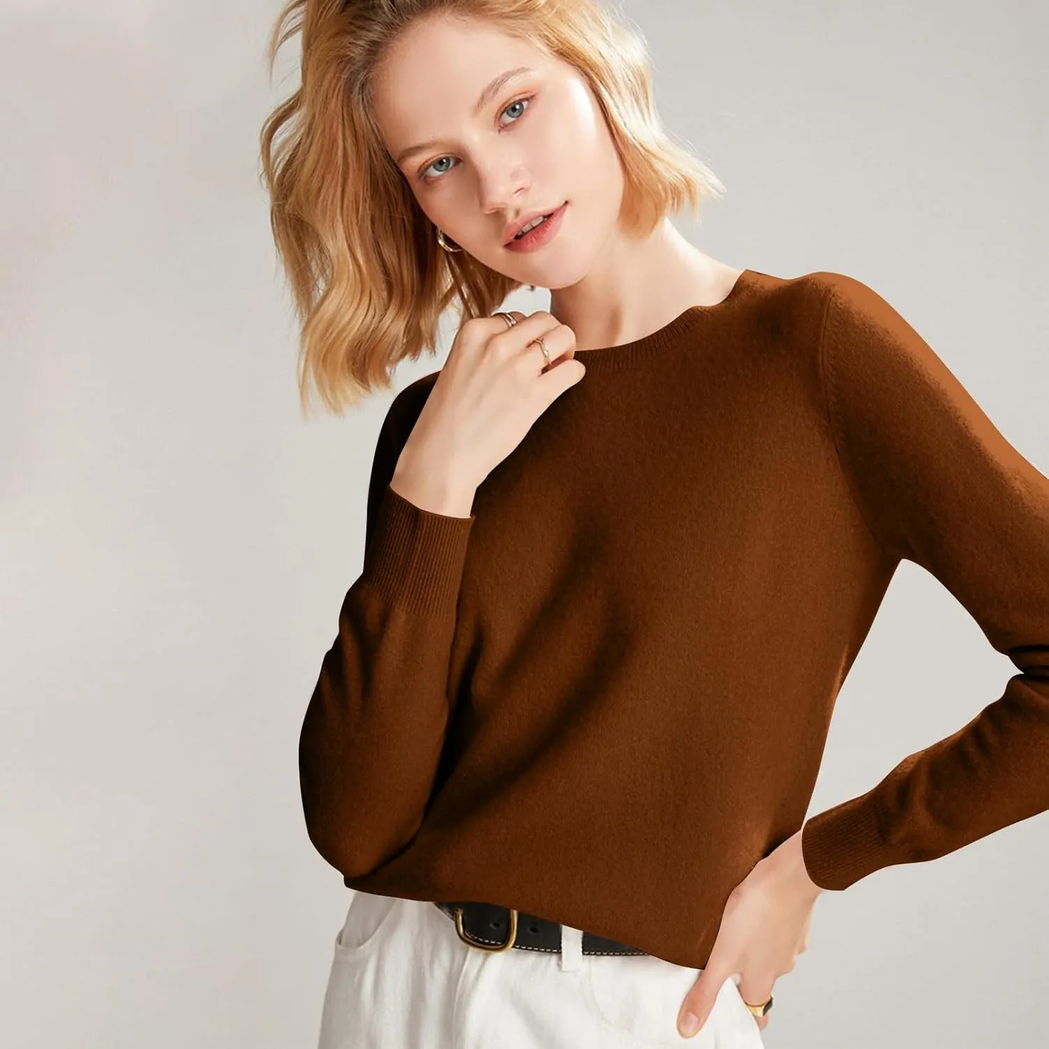 Cashmere Sweaters for Women Long Sleeve Loose Pullover Crew Neck Sweaters Tops Solid Lightweight Wool Knit Sweaters