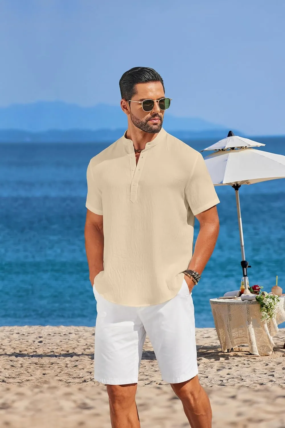 COOFANDY Men's Casual Henley Shirt Short Sleeve Linen Shirt Band Collar Summer Hippie Beach T-Shirts