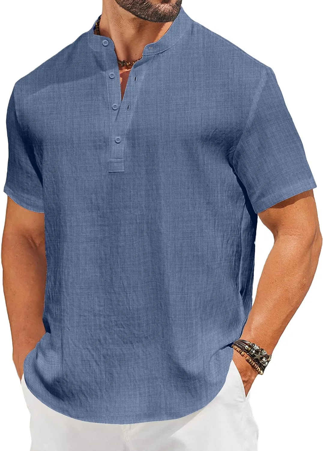 COOFANDY Men's Casual Henley Shirt Short Sleeve Linen Shirt Band Collar Summer Hippie Beach T-Shirts