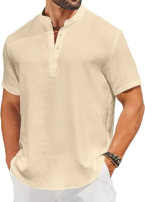 COOFANDY Men's Casual Henley Shirt Short Sleeve Linen Shirt Band Collar Summer Hippie Beach T-Shirts