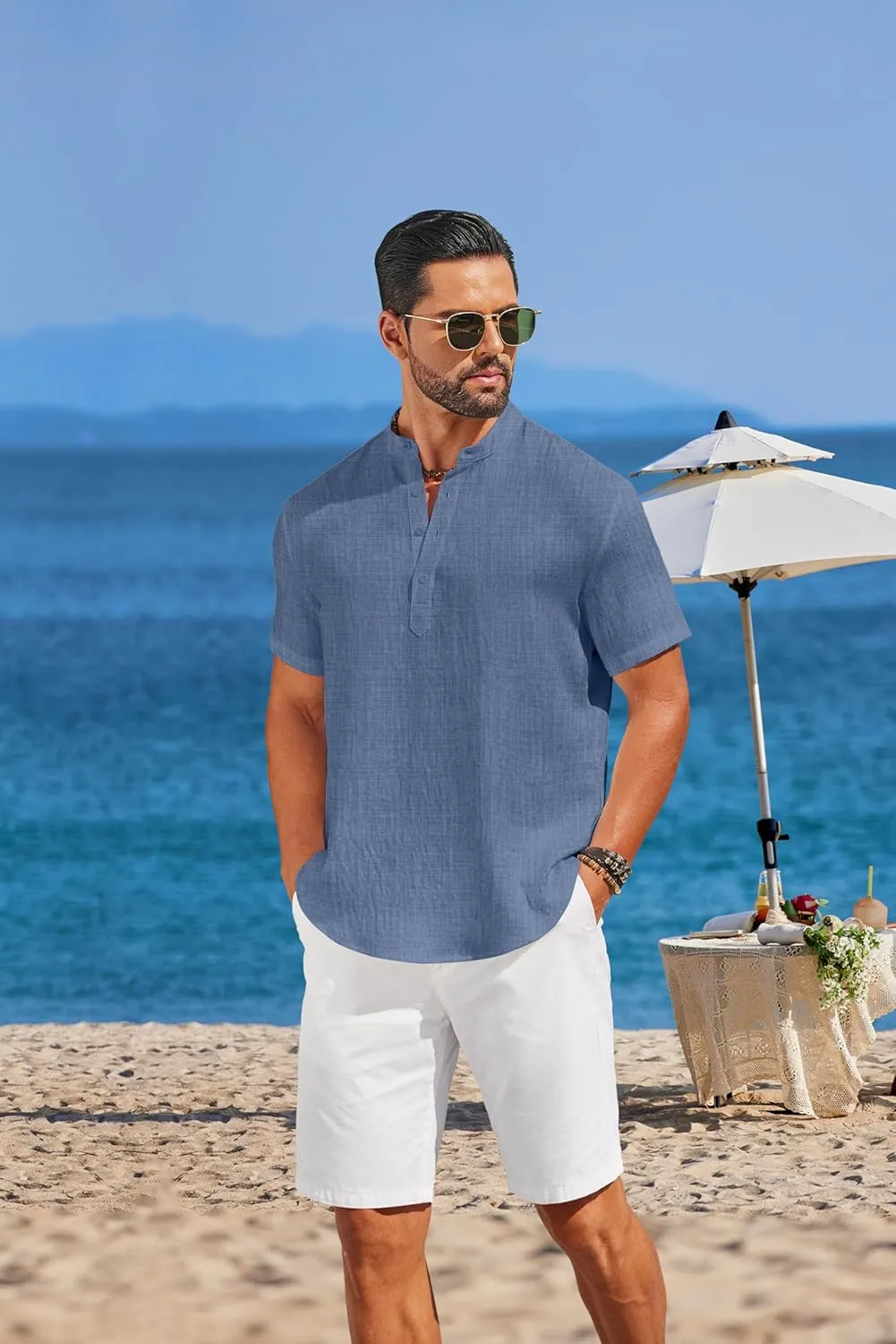 COOFANDY Men's Casual Henley Shirt Short Sleeve Linen Shirt Band Collar Summer Hippie Beach T-Shirts