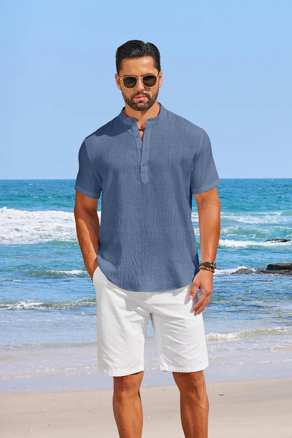 COOFANDY Men's Casual Henley Shirt Short Sleeve Linen Shirt Band Collar Summer Hippie Beach T-Shirts