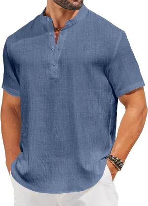 COOFANDY Men's Casual Henley Shirt Short Sleeve Linen Shirt Band Collar Summer Hippie Beach T-Shirts