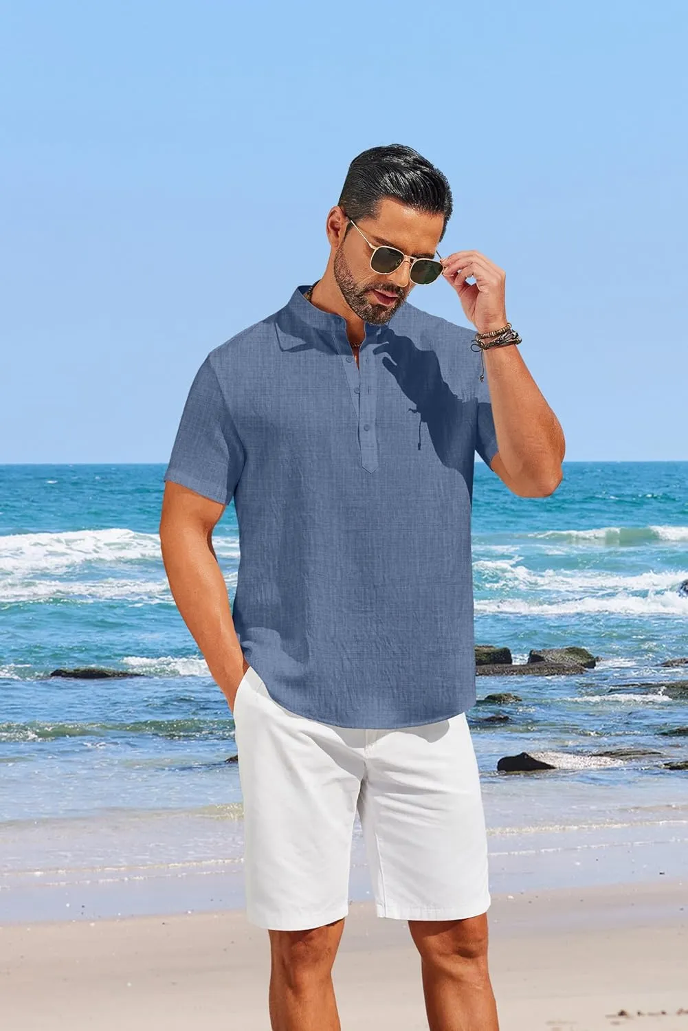 COOFANDY Men's Casual Henley Shirt Short Sleeve Linen Shirt Band Collar Summer Hippie Beach T-Shirts