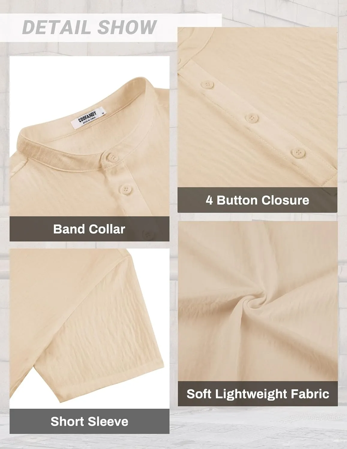 COOFANDY Men's Casual Henley Shirt Short Sleeve Linen Shirt Band Collar Summer Hippie Beach T-Shirts
