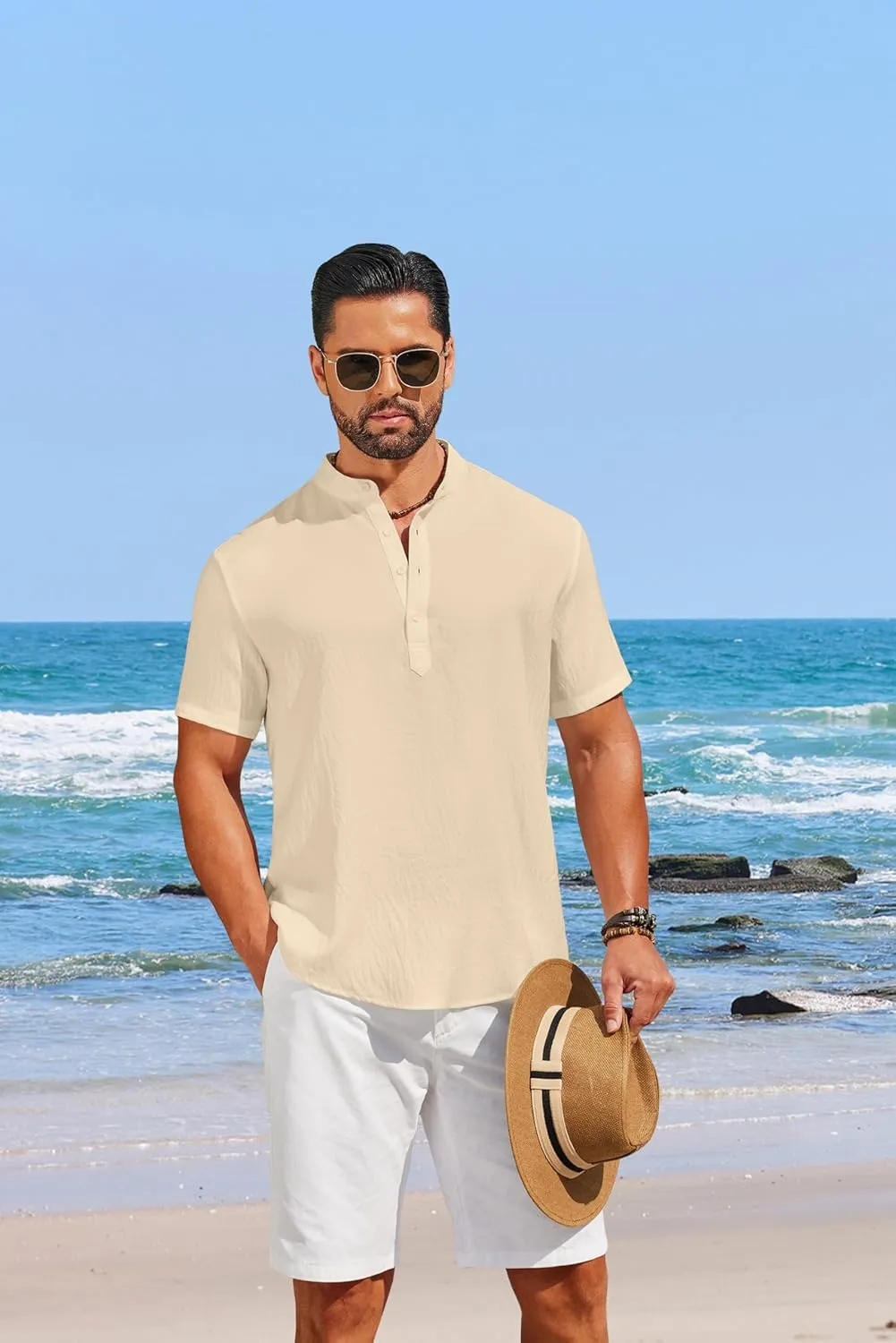 COOFANDY Men's Casual Henley Shirt Short Sleeve Linen Shirt Band Collar Summer Hippie Beach T-Shirts