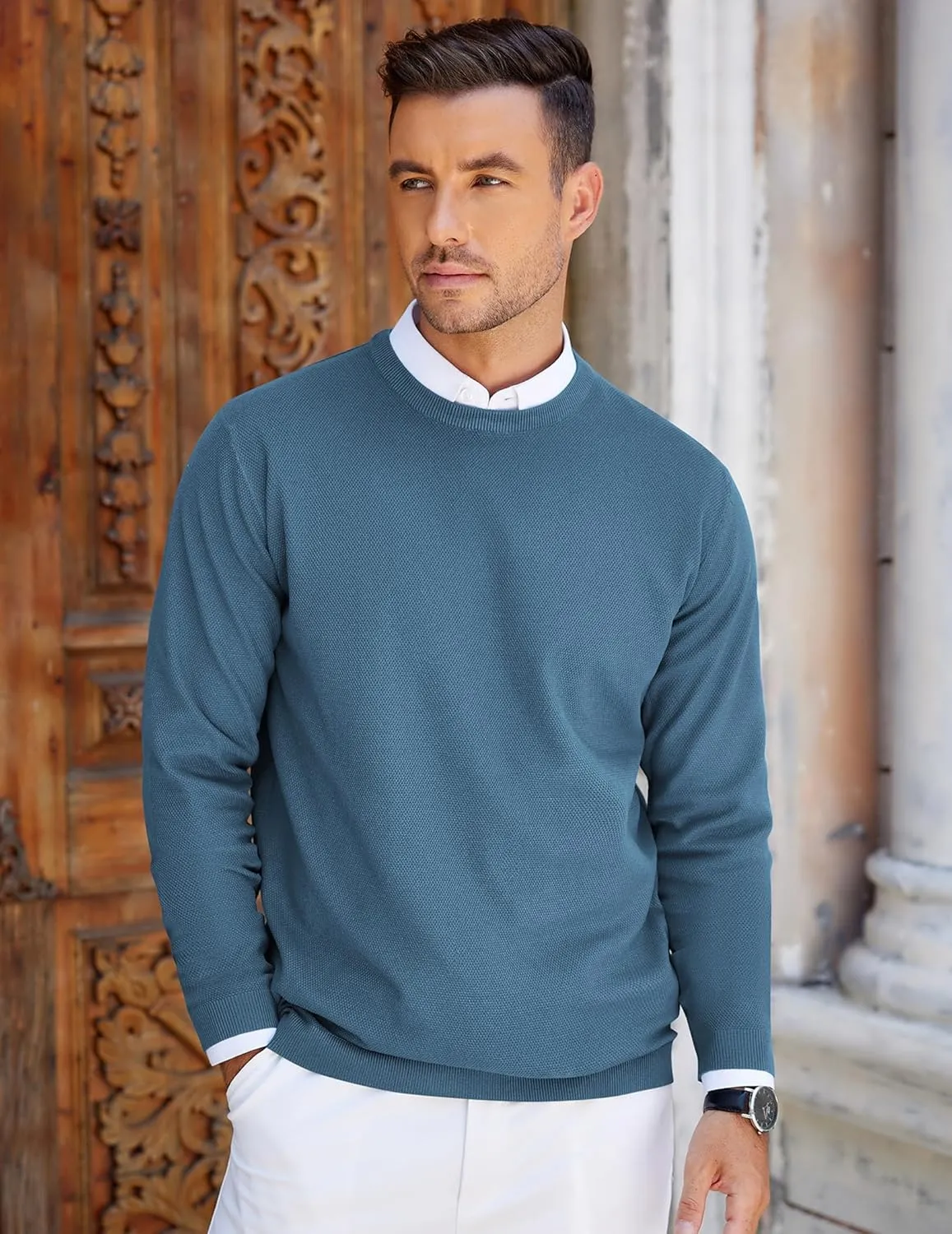 COOFANDY Mens Crew Neck Sweaters Long Sleeve Lightweight Knit Dress Pullover Sweaters