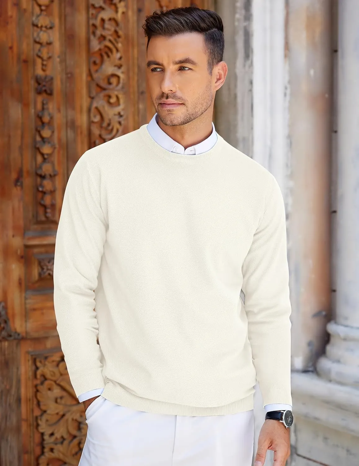 COOFANDY Mens Crew Neck Sweaters Long Sleeve Lightweight Knit Dress Pullover Sweaters