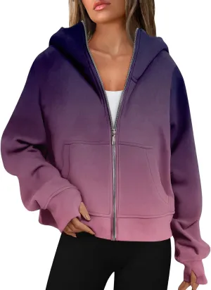 Cropped Hoodie Women Zip Pullover Thumb Hole Fall Hoodies Comfy Solid Long Sleeve Shirts Winter Clothes With Pockets