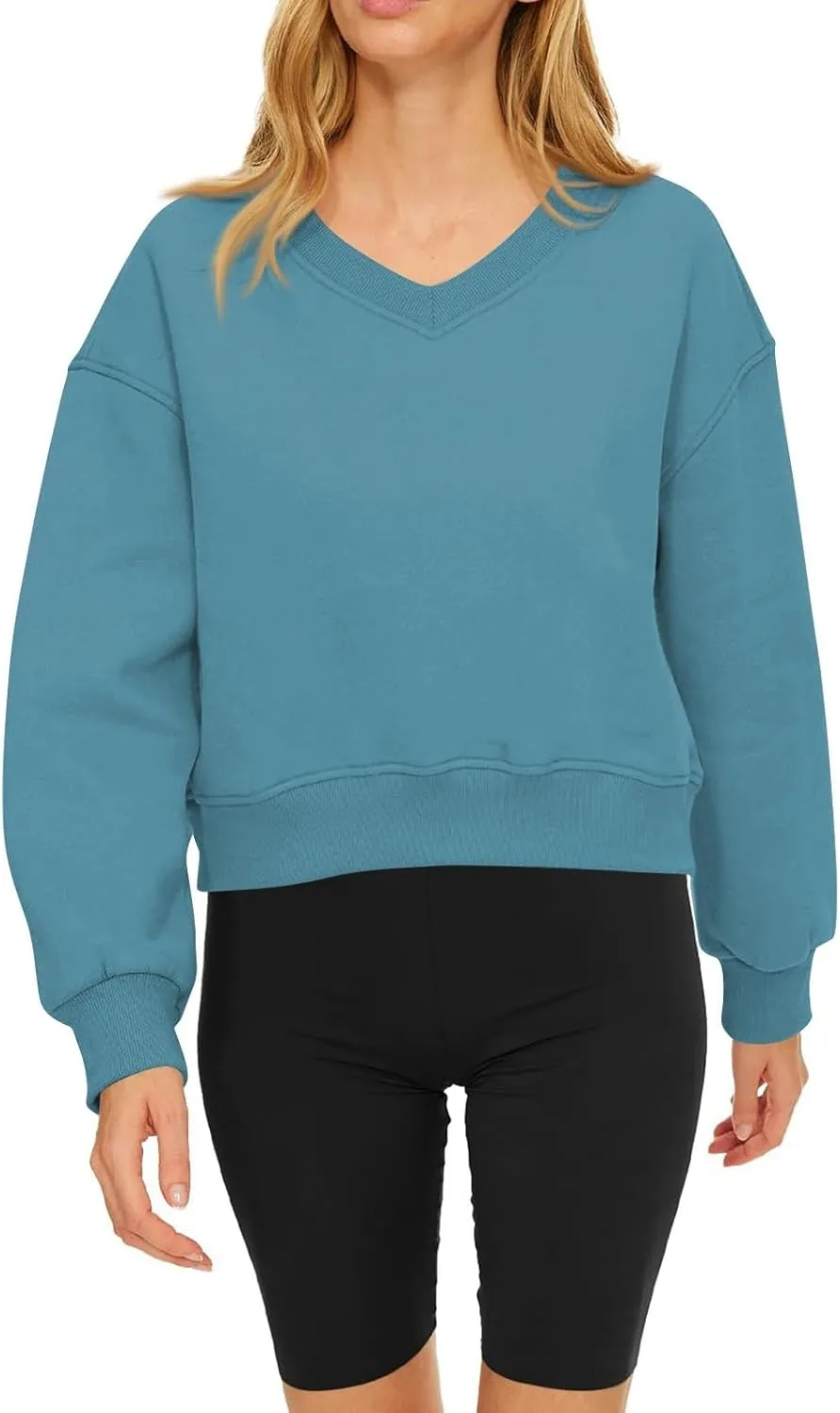 Cropped Sweatshirts for Women V Neck Workout Sweatshirt Fleece Lightweight Sweatshirts Long Sleeve Batwing Tops