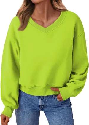 Cropped Sweatshirts for Women V Neck Workout Sweatshirt Fleece Lightweight Sweatshirts Long Sleeve Batwing Tops