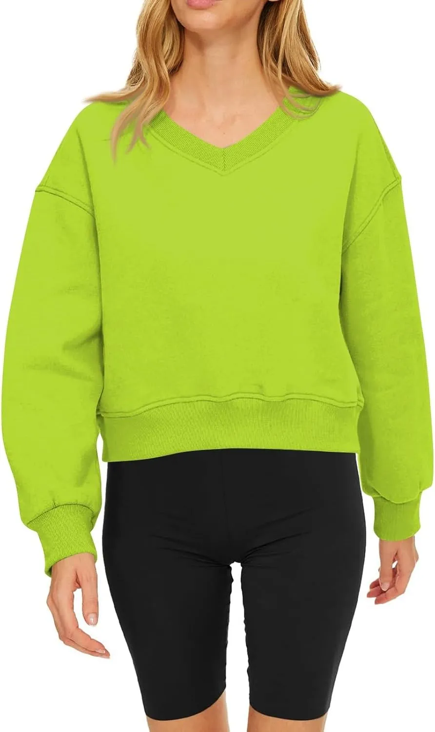 Cropped Sweatshirts for Women V Neck Workout Sweatshirt Fleece Lightweight Sweatshirts Long Sleeve Batwing Tops
