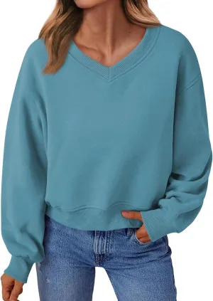 Cropped Sweatshirts for Women V Neck Workout Sweatshirt Fleece Lightweight Sweatshirts Long Sleeve Batwing Tops