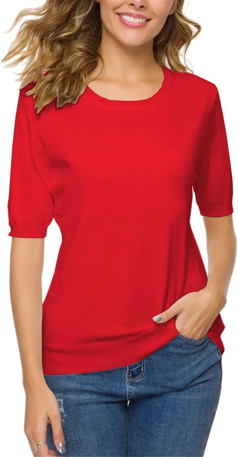 DAIMIDY Women's Short Sleeve Crew Neck Sweaters Lightweight Summer Sweater Casual Knit Pullover Tops