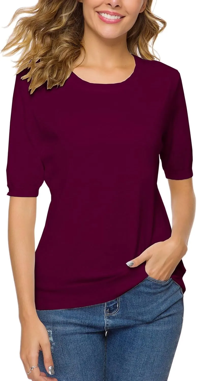 DAIMIDY Women's Short Sleeve Crew Neck Sweaters Lightweight Summer Sweater Casual Knit Pullover Tops