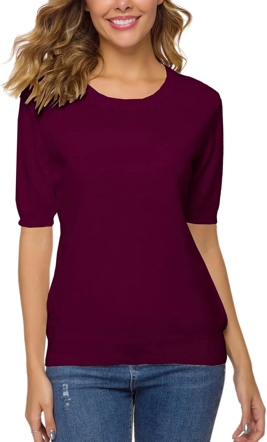 DAIMIDY Women's Short Sleeve Crew Neck Sweaters Lightweight Summer Sweater Casual Knit Pullover Tops