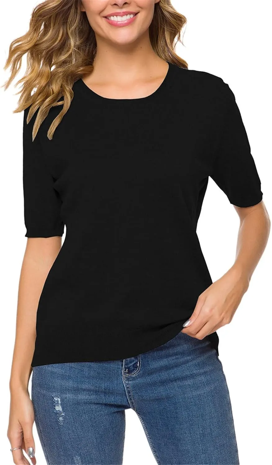 DAIMIDY Women's Short Sleeve Crew Neck Sweaters Lightweight Summer Sweater Casual Knit Pullover Tops