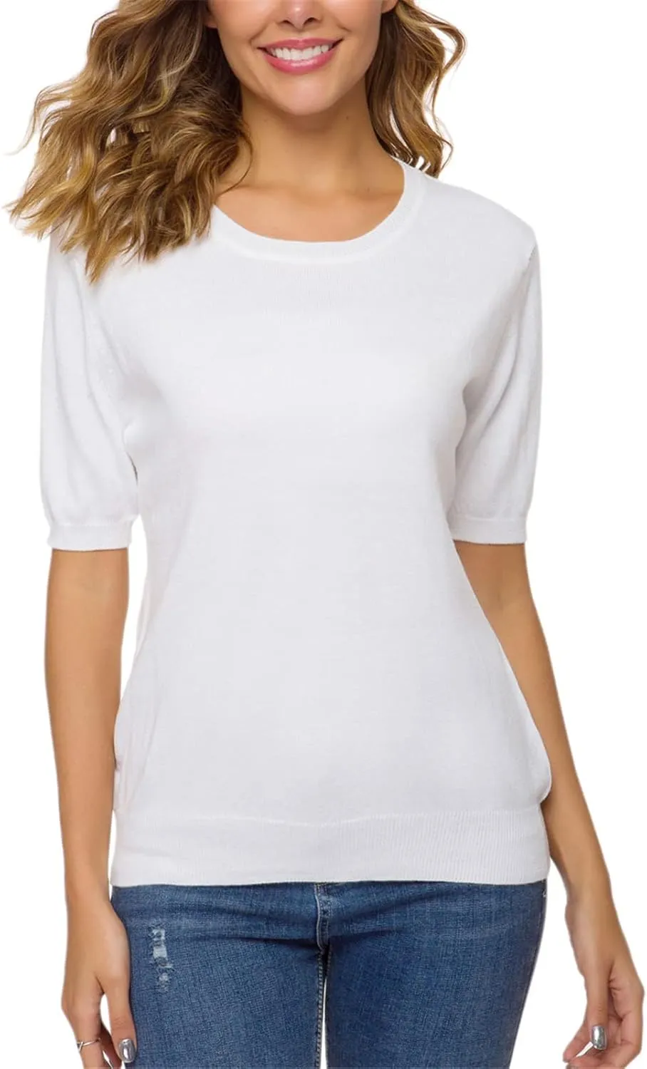 DAIMIDY Women's Short Sleeve Crew Neck Sweaters Lightweight Summer Sweater Casual Knit Pullover Tops