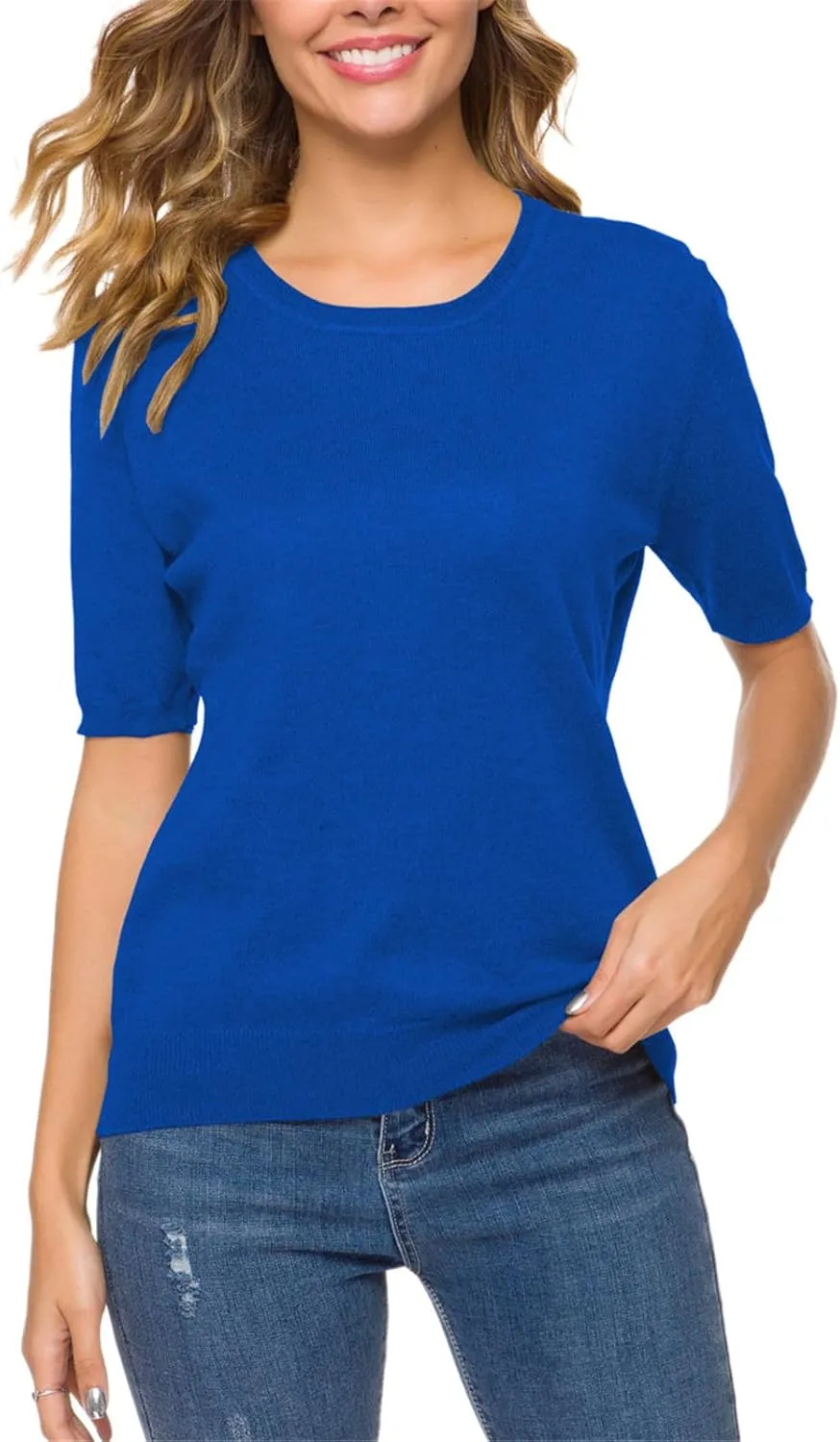 DAIMIDY Women's Short Sleeve Crew Neck Sweaters Lightweight Summer Sweater Casual Knit Pullover Tops