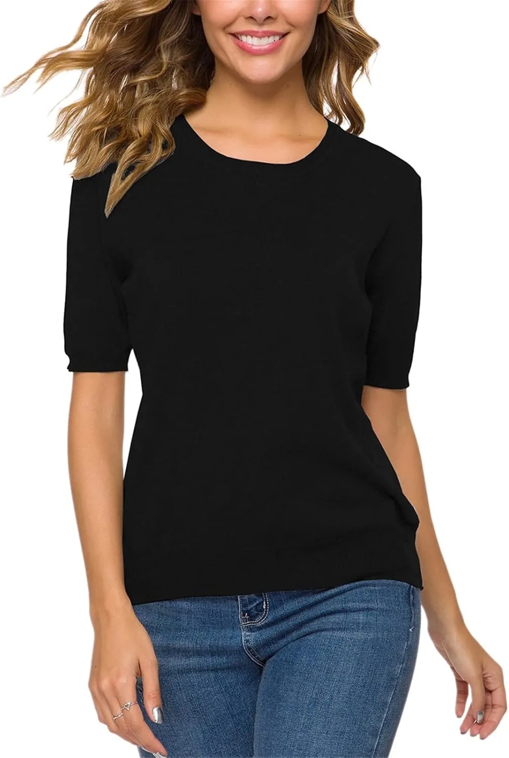 DAIMIDY Women's Short Sleeve Crew Neck Sweaters Lightweight Summer Sweater Casual Knit Pullover Tops