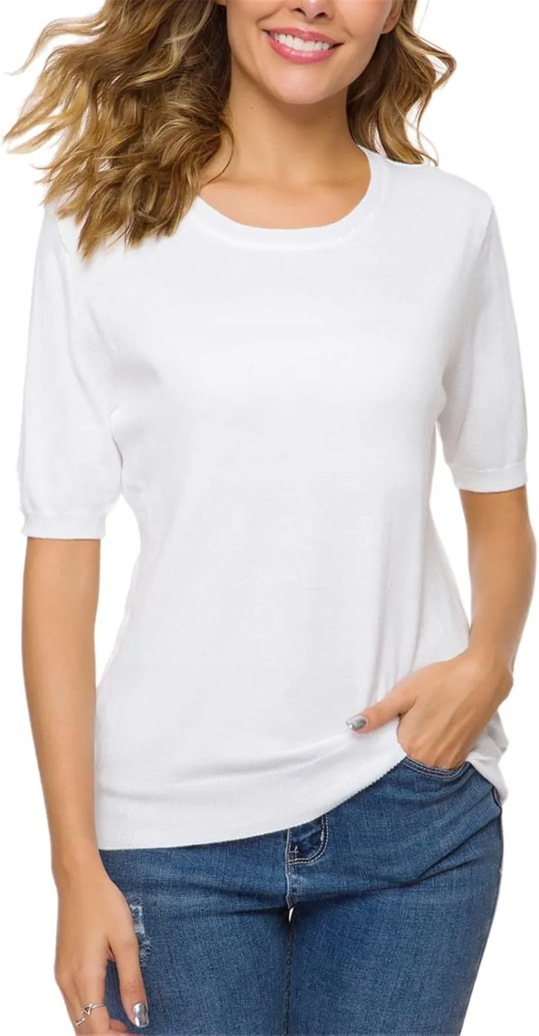 DAIMIDY Women's Short Sleeve Crew Neck Sweaters Lightweight Summer Sweater Casual Knit Pullover Tops