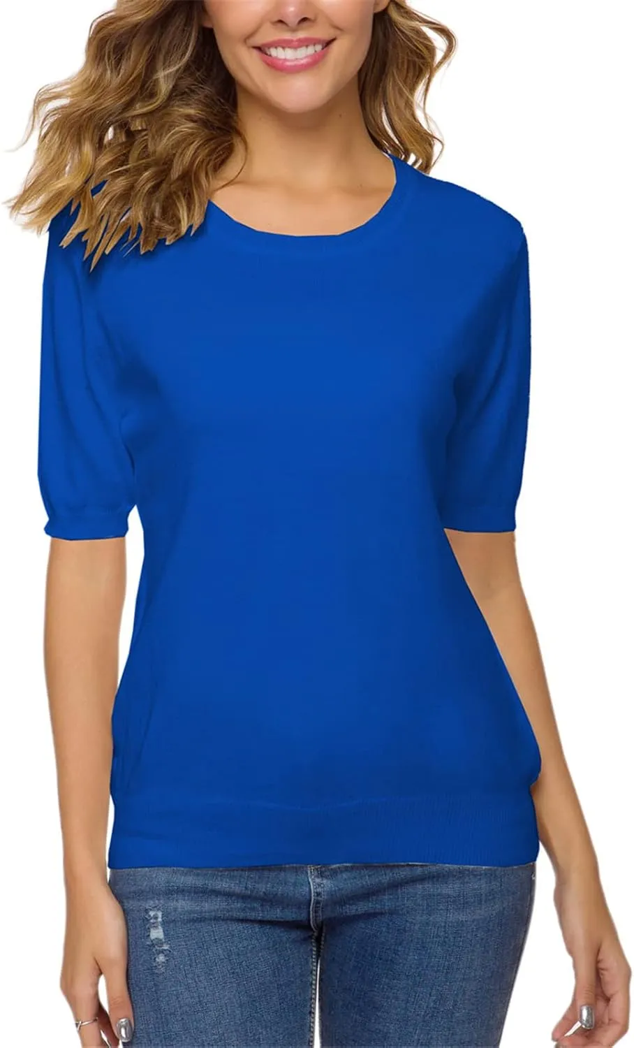 DAIMIDY Women's Short Sleeve Crew Neck Sweaters Lightweight Summer Sweater Casual Knit Pullover Tops