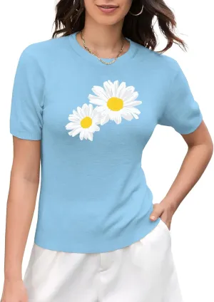 DAIMIDY Women's Short Sleeve Crew Neck Sweaters Lightweight Summer Sweater Casual Knit Pullover Tops