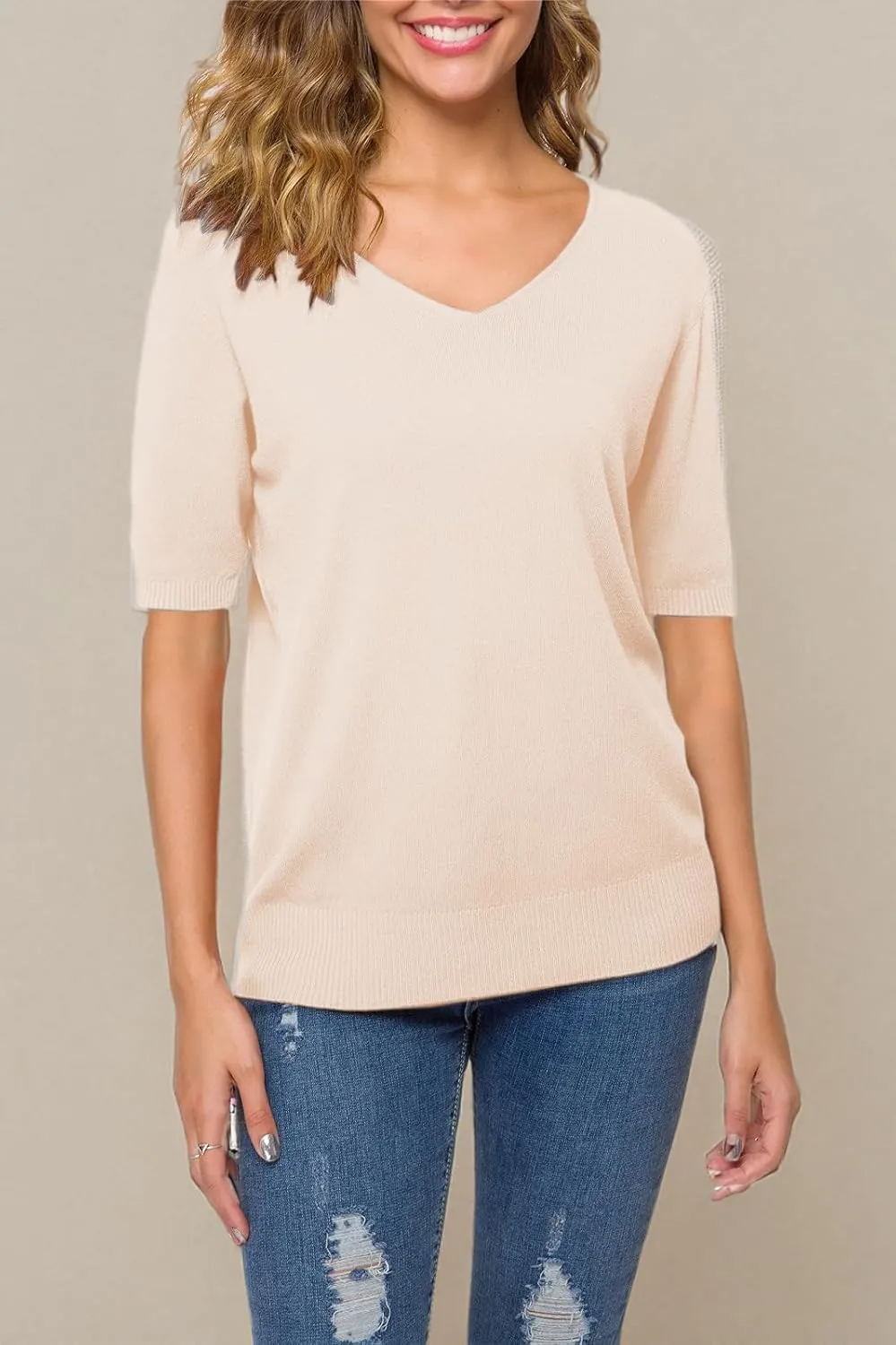DAIMIDY Women's Short Sleeve V Neck Sweaters Casual Summer Sweater Lightweight Knit Pullover Tops