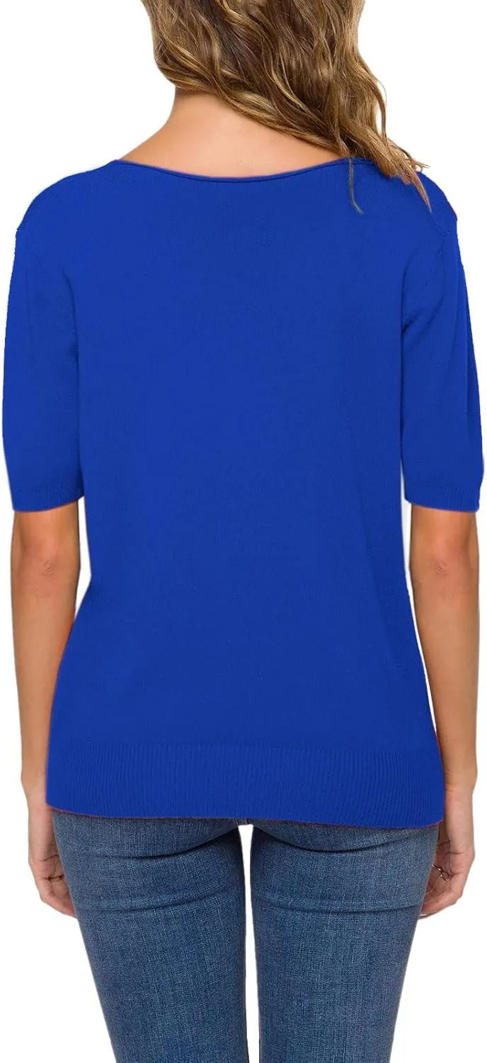 DAIMIDY Women's Short Sleeve V Neck Sweaters Casual Summer Sweater Lightweight Knit Pullover Tops