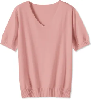 DAIMIDY Women's Short Sleeve V Neck Sweaters Casual Summer Sweater Lightweight Knit Pullover Tops