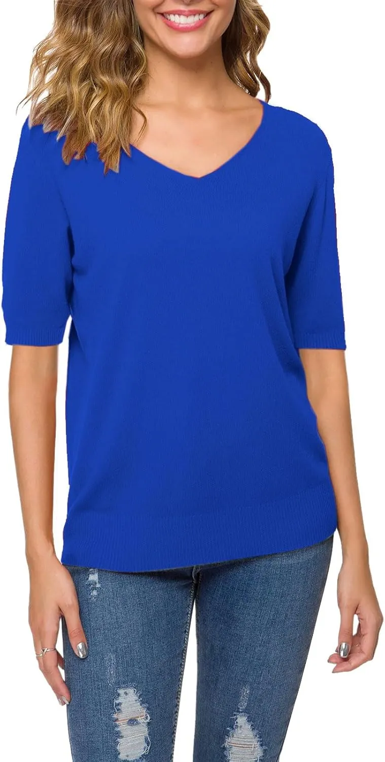DAIMIDY Women's Short Sleeve V Neck Sweaters Casual Summer Sweater Lightweight Knit Pullover Tops