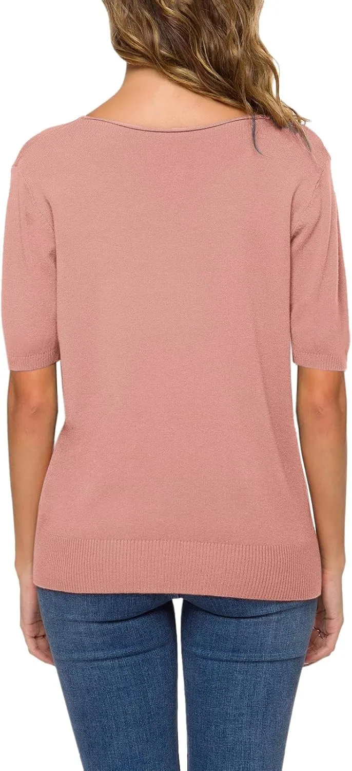 DAIMIDY Women's Short Sleeve V Neck Sweaters Casual Summer Sweater Lightweight Knit Pullover Tops