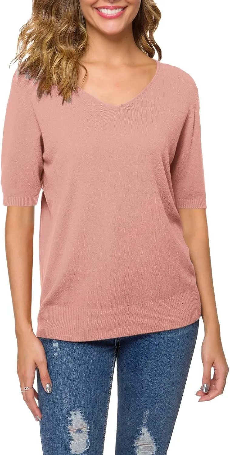 DAIMIDY Women's Short Sleeve V Neck Sweaters Casual Summer Sweater Lightweight Knit Pullover Tops