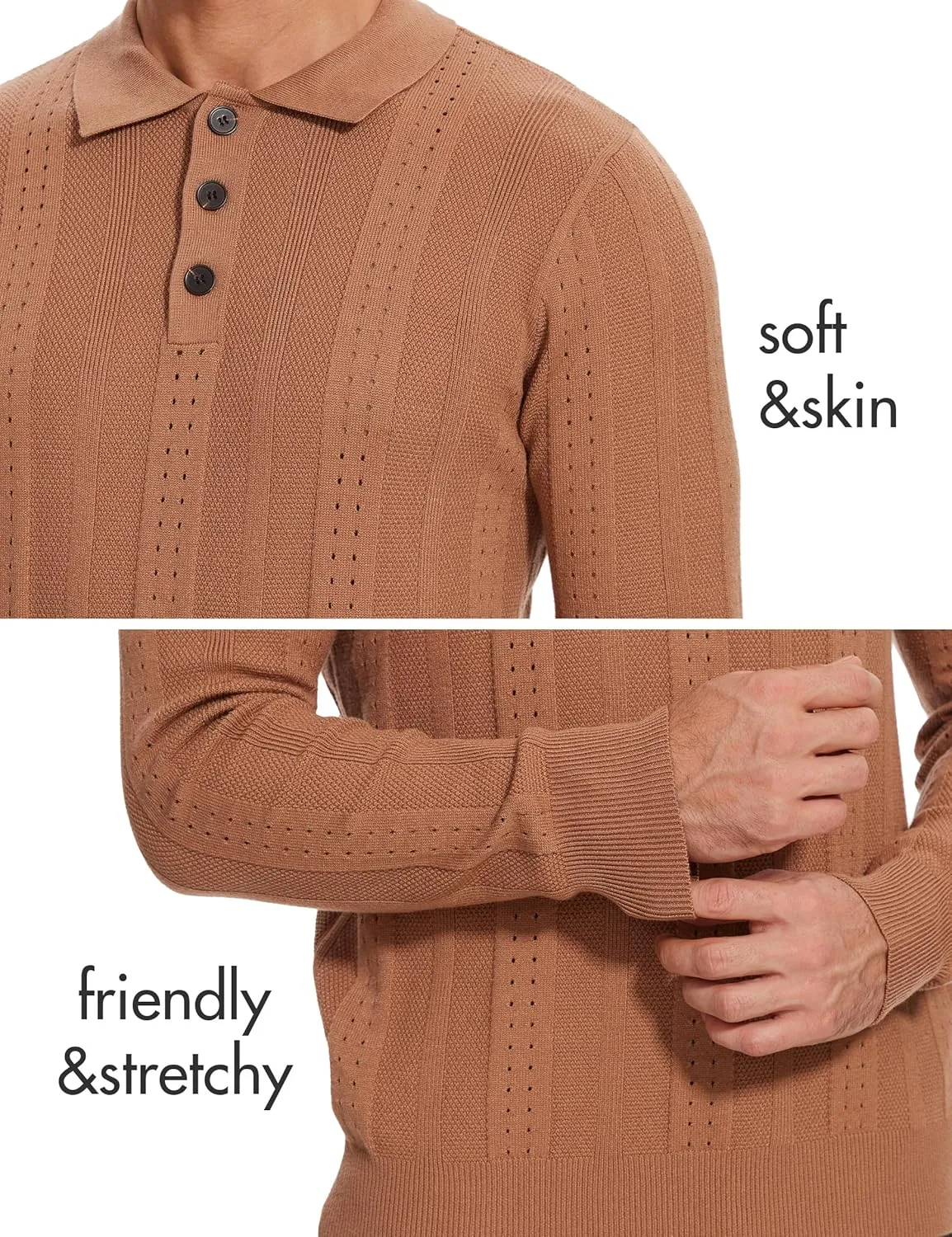 Demoking Vintage Sweater Polo Men Long Sleeve Cable Knit Textured Sweaters Mens Collared Shirts