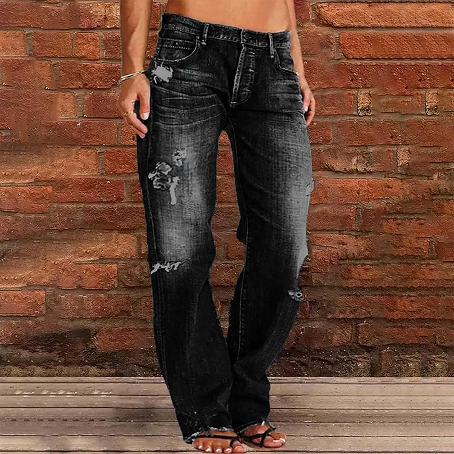 Distressed Jeans for Women Stretchy High Waisted Raw Hem Straight Leg Jeans Loose Fit Ripped Denim Pants with Pocket