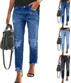 Distressed Jeans for Women Stretchy High Waisted Raw Hem Straight Leg Jeans Loose Fit Ripped Denim Pants with Pocket
