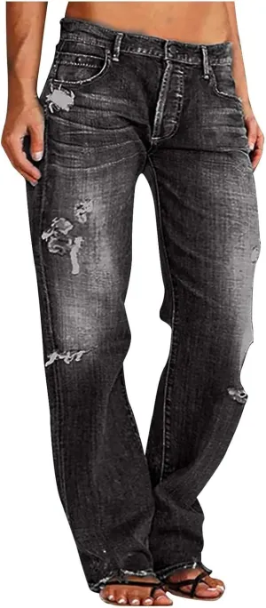 Distressed Jeans for Women Stretchy High Waisted Raw Hem Straight Leg Jeans Loose Fit Ripped Denim Pants with Pocket