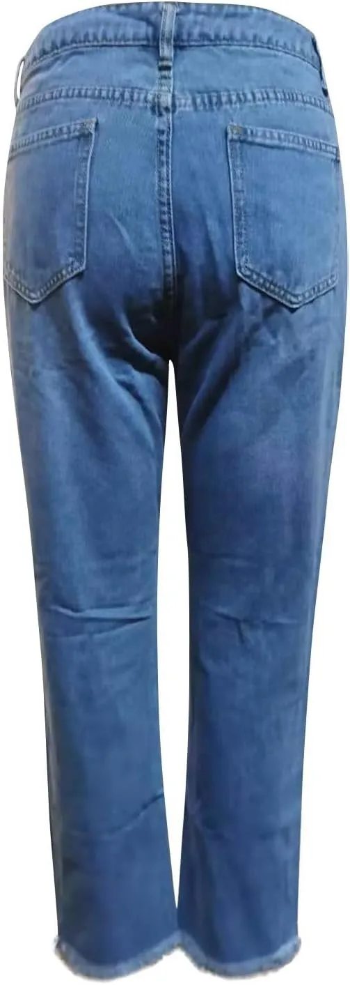 Distressed Jeans for Women Stretchy High Waisted Raw Hem Straight Leg Jeans Loose Fit Ripped Denim Pants with Pocket